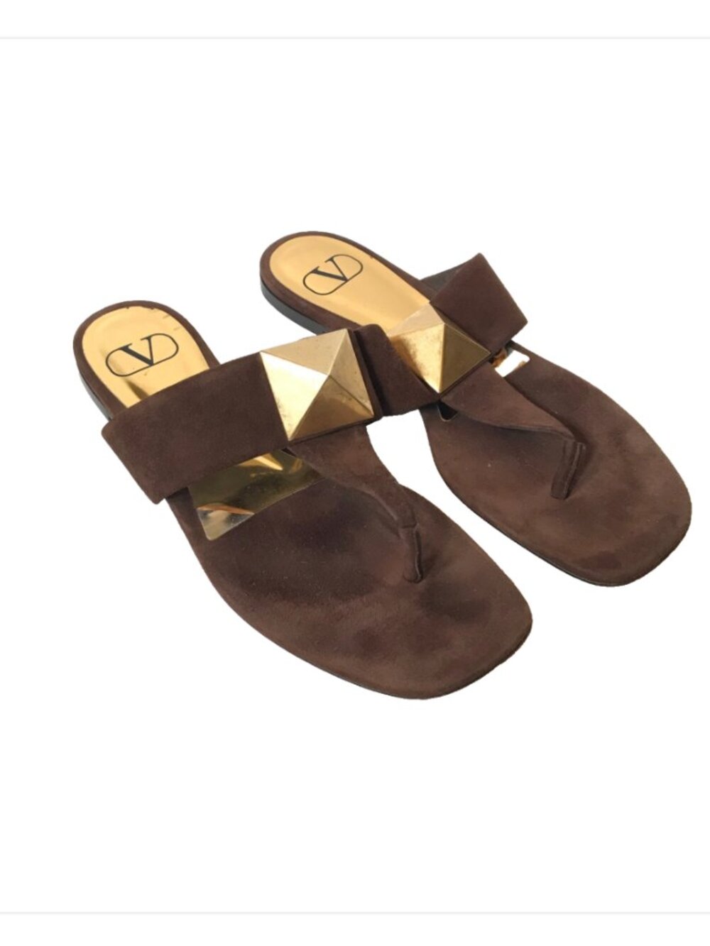 Valentino Garavani One Stud Flat Thong Sandals Womens 39.5 9 Brown Suede Gold - Picture 5 of 11